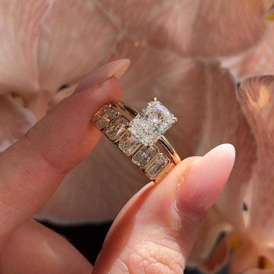 2PCS Radiant Cut Bridal Set Ring With Half Bezel Set Shineofidamond