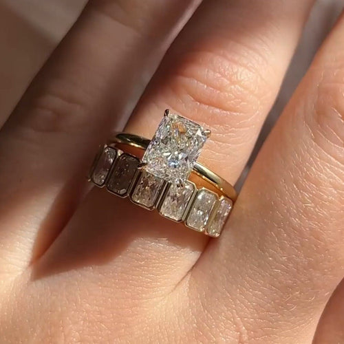2PCS Radiant Cut Bridal Set Ring With Half Bezel Set Shineofidamond