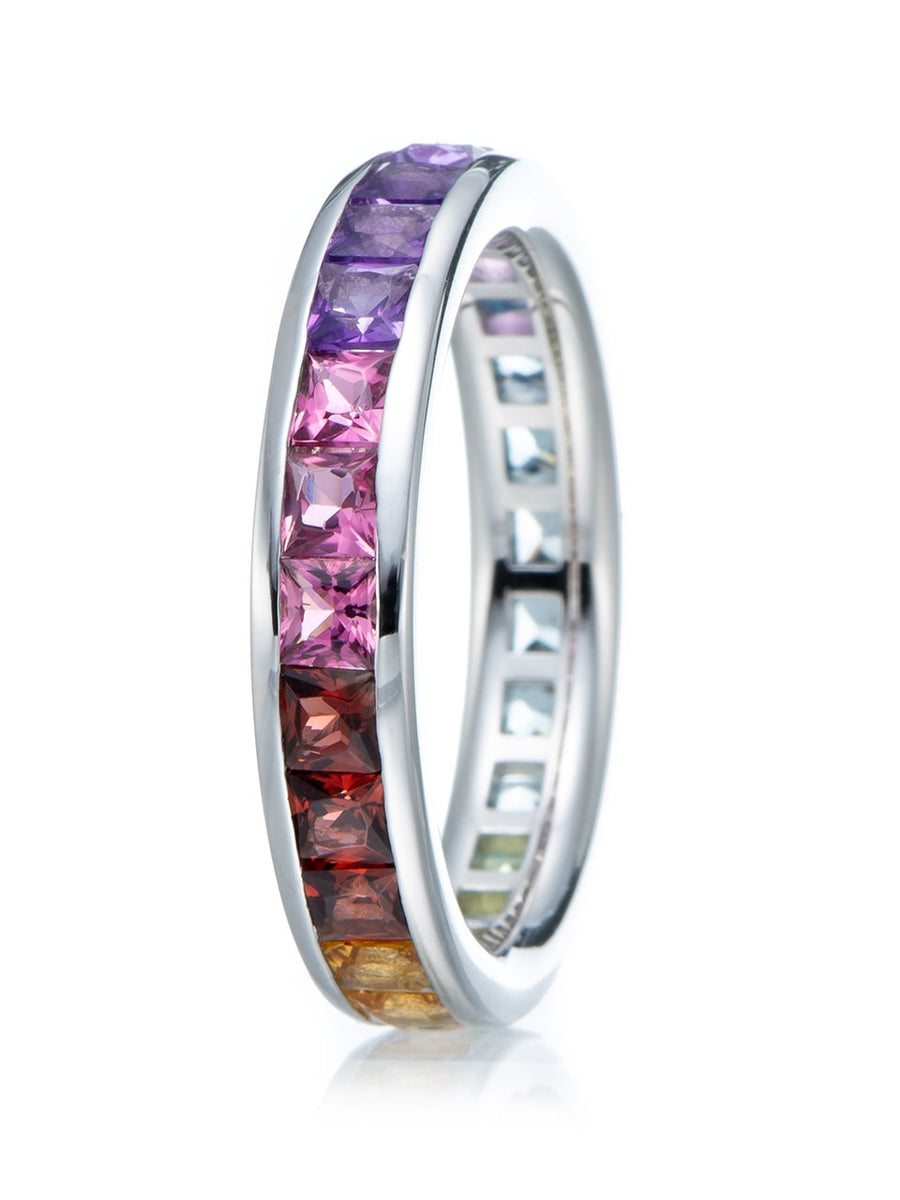 Rainbow Color Princess Cut Sterling Silver Wedding Band shineofdiamond