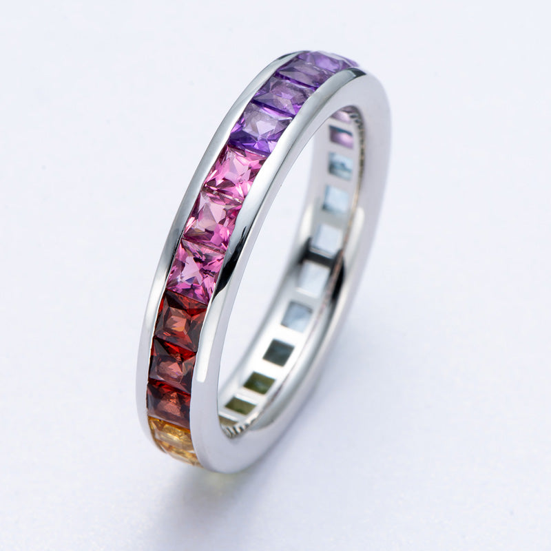 Rainbow Color Princess Cut Sterling Silver Wedding Band shineofdiamond