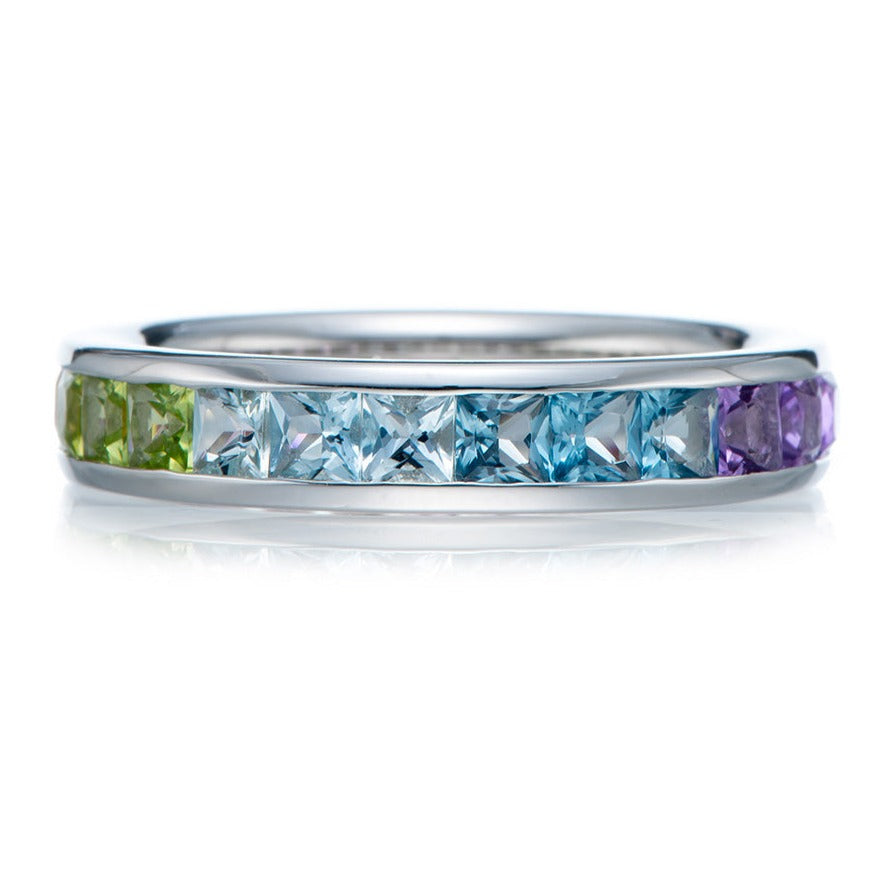 Rainbow Color Princess Cut Sterling Silver Wedding Band shineofdiamond