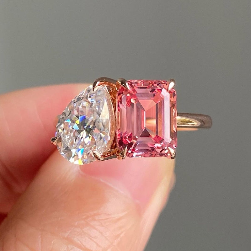 Two Stone Pear Cut & Emerald Cut Ring in Rose Gold/Golden Tone hot