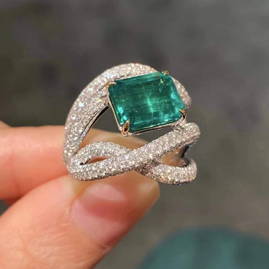Luxury Pave Emerald Cut Ring in Sterling Silver Shineofidamond