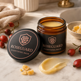 Roseguard Everything Balm open amber jar and lid