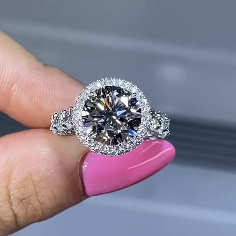 Double Halo Round Cut Engagement Ring in Sterling Silver shineofdiamond