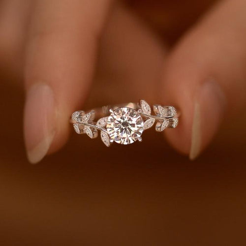 Leaf Design Round Cut Engagement Ring in Sterling Silver shineofdiamond