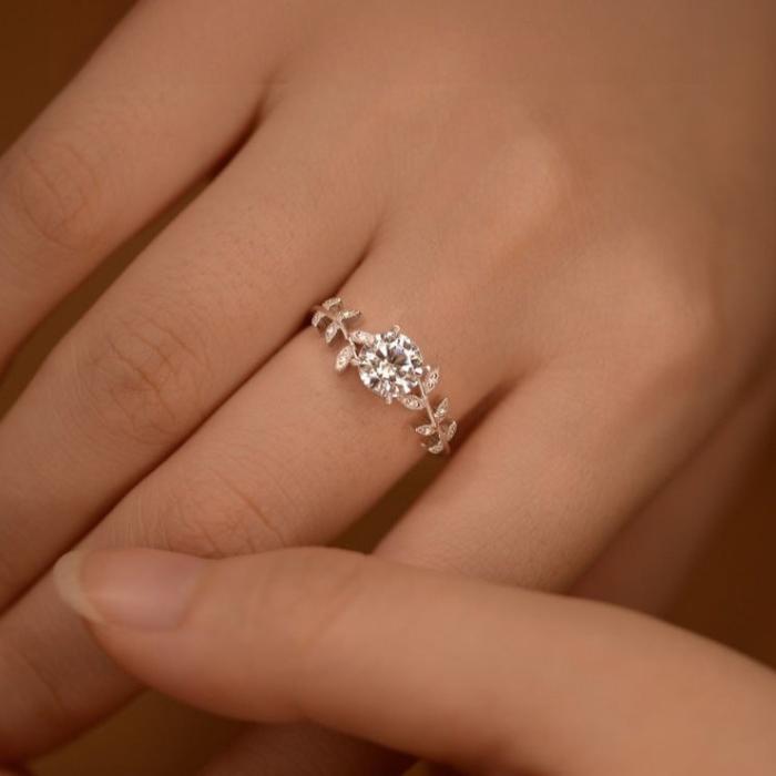 Leaf Design Round Cut Engagement Ring in Sterling Silver shineofdiamond