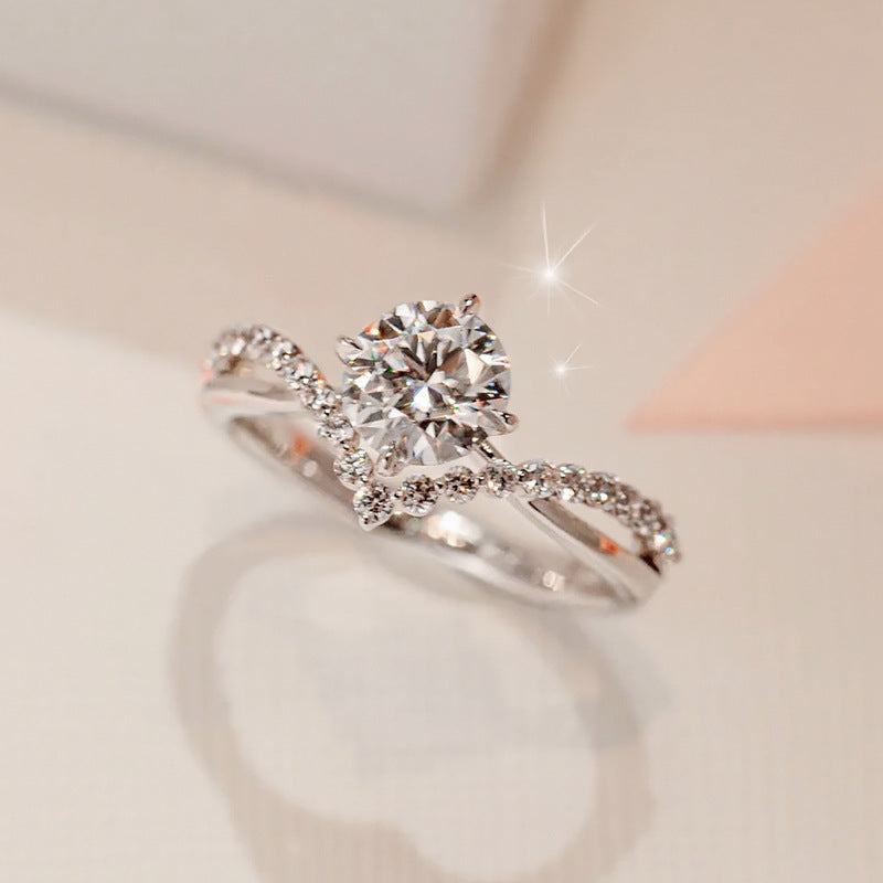 Round Cut V-Shaped Sterling Silver Engagement Ring Shineofidamond