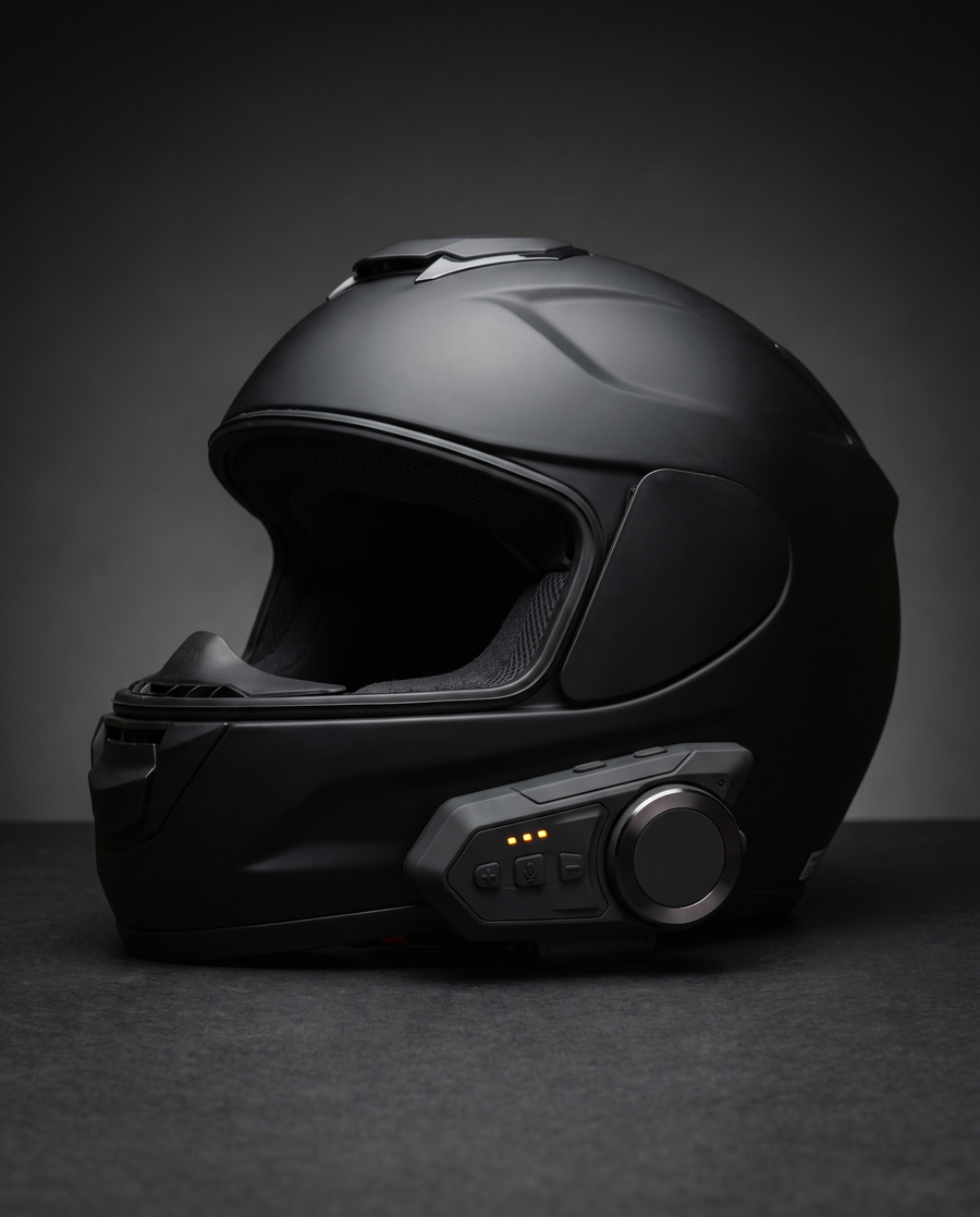Rydvox V10 helmet bluetooth headset mounted on the side of a matte black motorcycle helmet