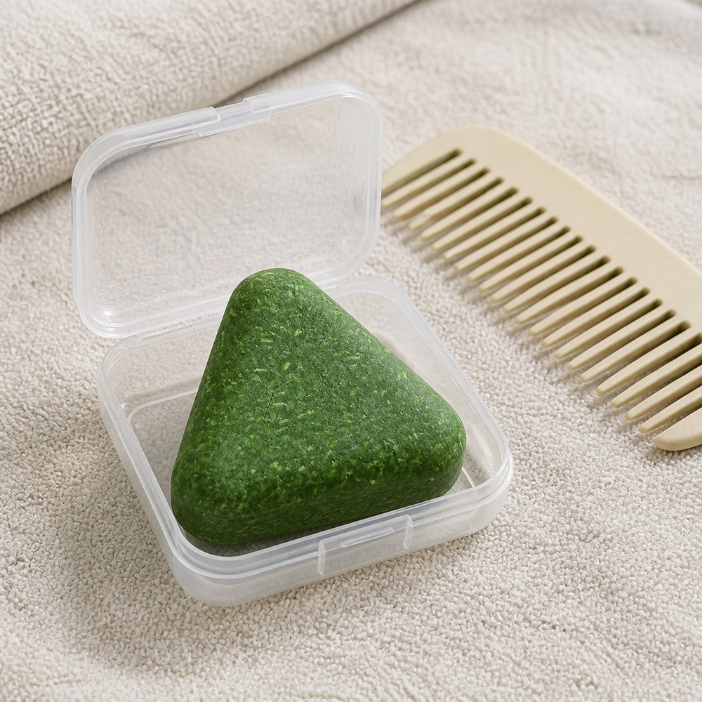 Scalvia scalp cleansing bar in a clear travel case