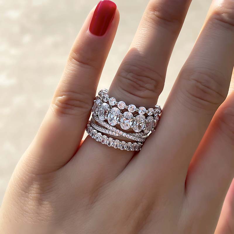 Luxury 4pcs Oval Cut Stackable Wedding Band Set In Sterling Silver Shineofdiamond