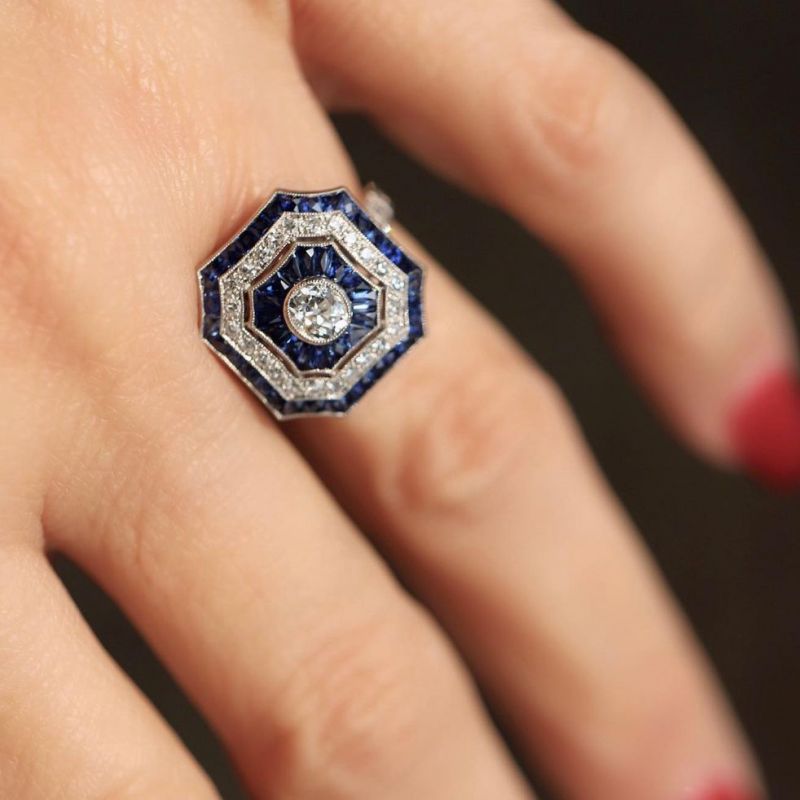 Vintage Art Deco Halo Oval Cut White & Blue Engagement Ring in Sterling Silver Shineofdiamond