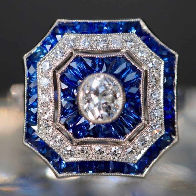 Vintage Art Deco Halo Oval Cut White & Blue Engagement Ring in Sterling Silver Shineofdiamond