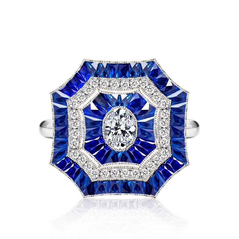 Vintage Art Deco Halo Oval Cut White & Blue Engagement Ring in Sterling Silver Shineofdiamond