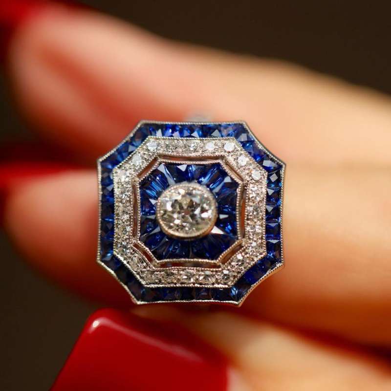 Vintage Art Deco Halo Oval Cut White & Blue Engagement Ring in Sterling Silver Shineofdiamond