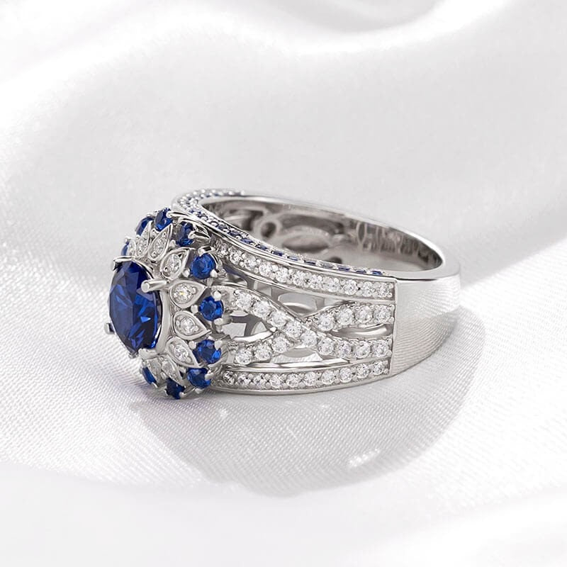 Sunflower Halo Round Cut Blue Sapphire Engagement Ring in Sterling Silver Shineofdiamond