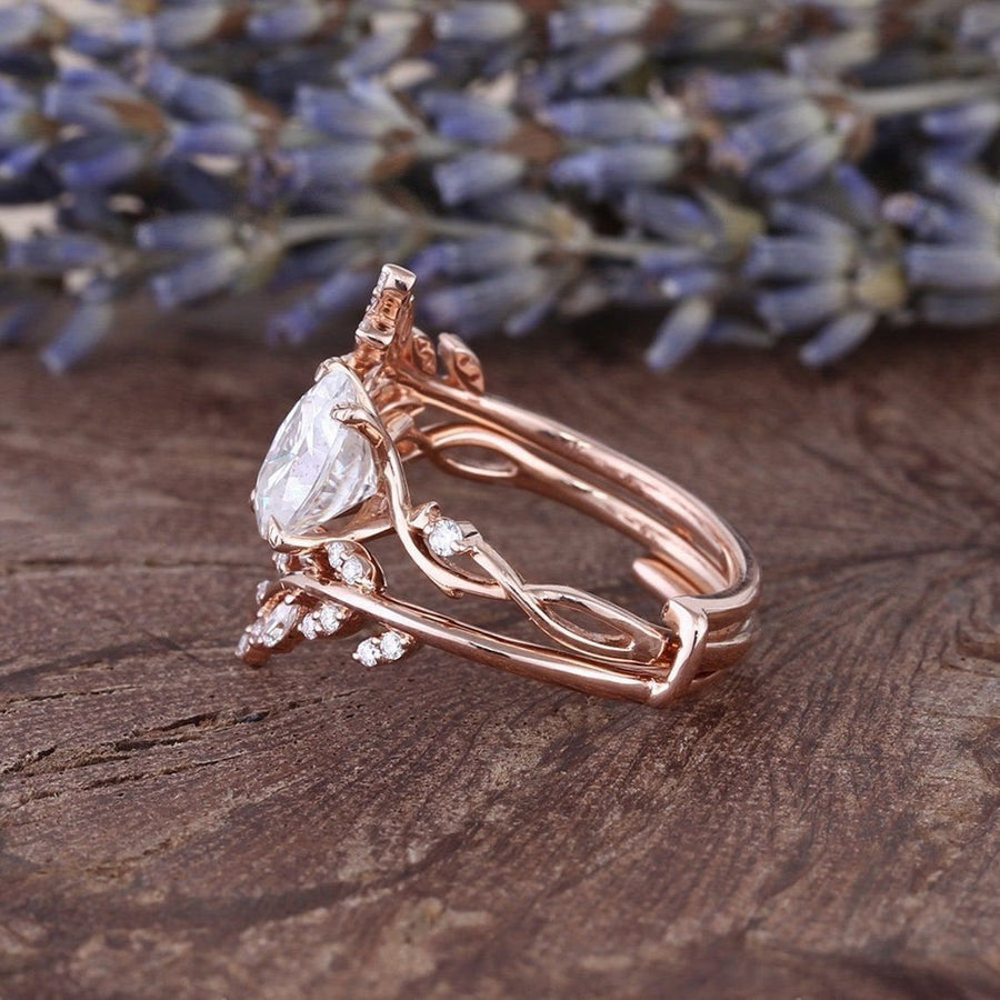 Oval Cut Vintage Cluster Leaf Enhancer Bridal Set Ring in Sterling Silver shine of diamond