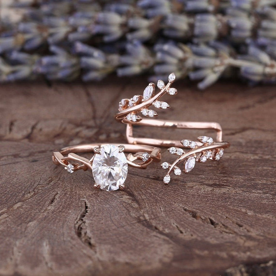 Oval Cut Vintage Cluster Leaf Enhancer Bridal Set Ring in Sterling Silver shine of diamond