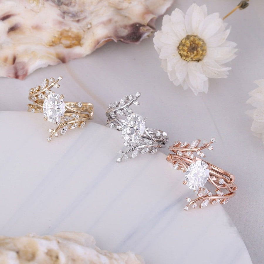 Oval Cut Vintage Cluster Leaf Enhancer Bridal Set Ring in Sterling Silver shine of diamond