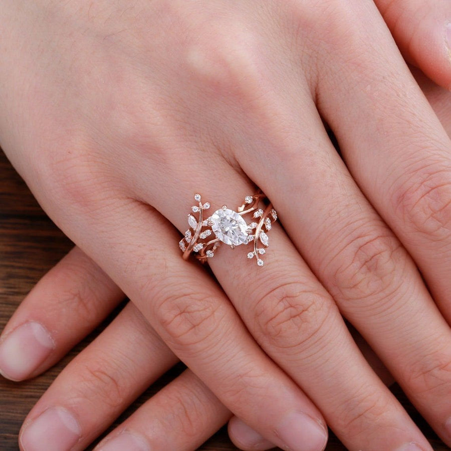 Oval Cut Vintage Cluster Leaf Enhancer Bridal Set Ring in Sterling Silver shine of diamond