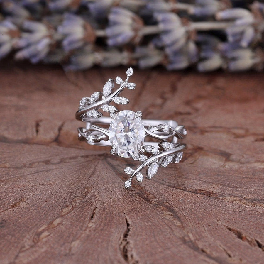 Oval Cut Vintage Cluster Leaf Enhancer Bridal Set Ring in Sterling Silver shine of diamond