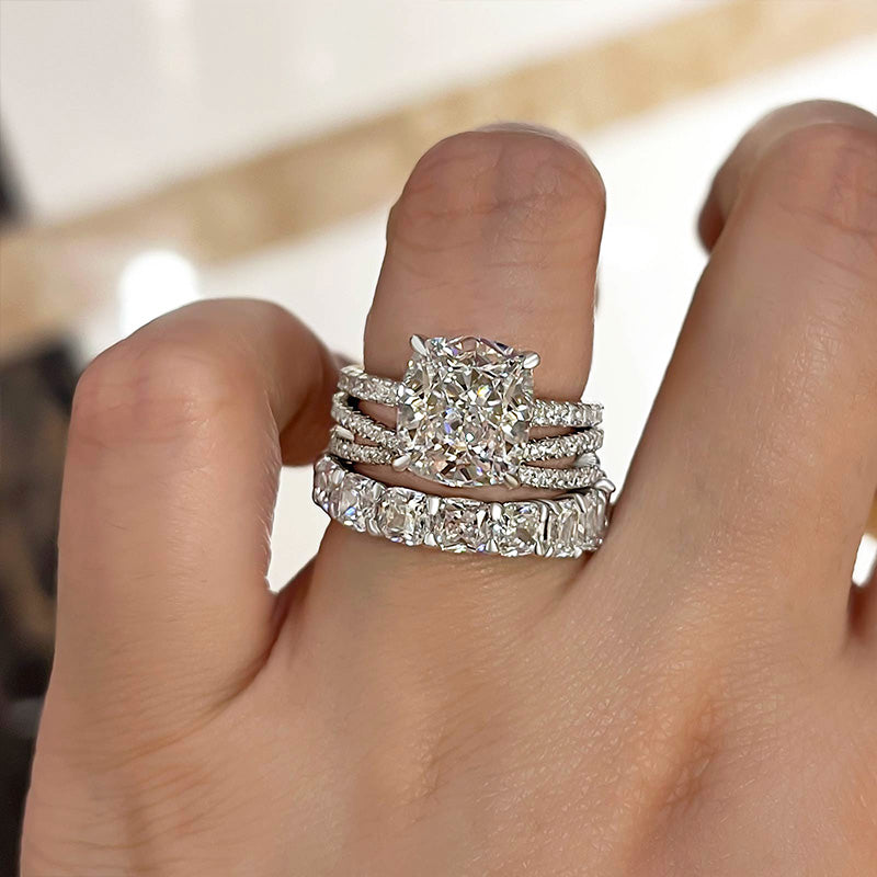 3 Pcs Solitaire Cushion Cut Wedding Ring Set In Sterling Silver Shineofdiamond
