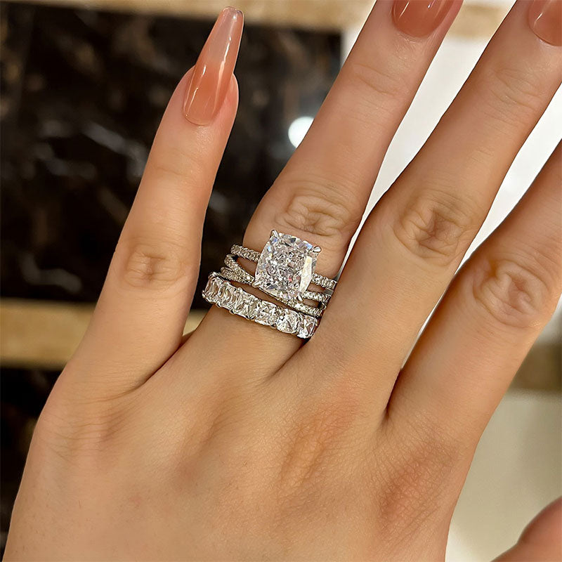 3 Pcs Solitaire Cushion Cut Wedding Ring Set In Sterling Silver Shineofdiamond