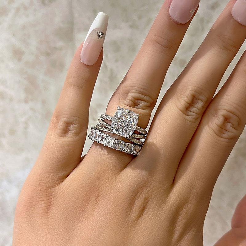 3 Pcs Solitaire Cushion Cut Wedding Ring Set In Sterling Silver Shineofdiamond
