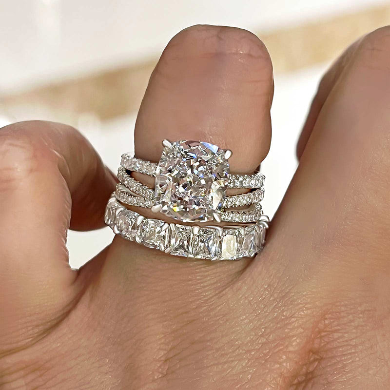 3 Pcs Solitaire Cushion Cut Wedding Ring Set In Sterling Silver Shineofdiamond
