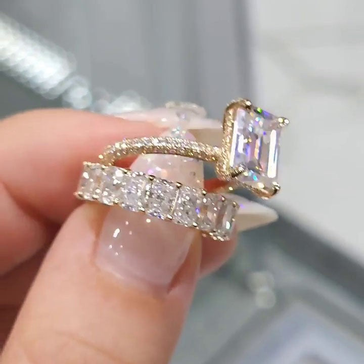 Emerald Cut Gold Tone Classic Bridal Ring Sets in 925 Sterling Silver shineofdiamond