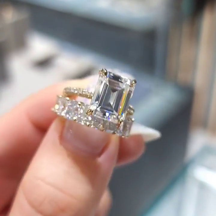 Emerald Cut Gold Tone Classic Bridal Ring Sets in 925 Sterling Silver shineofdiamond