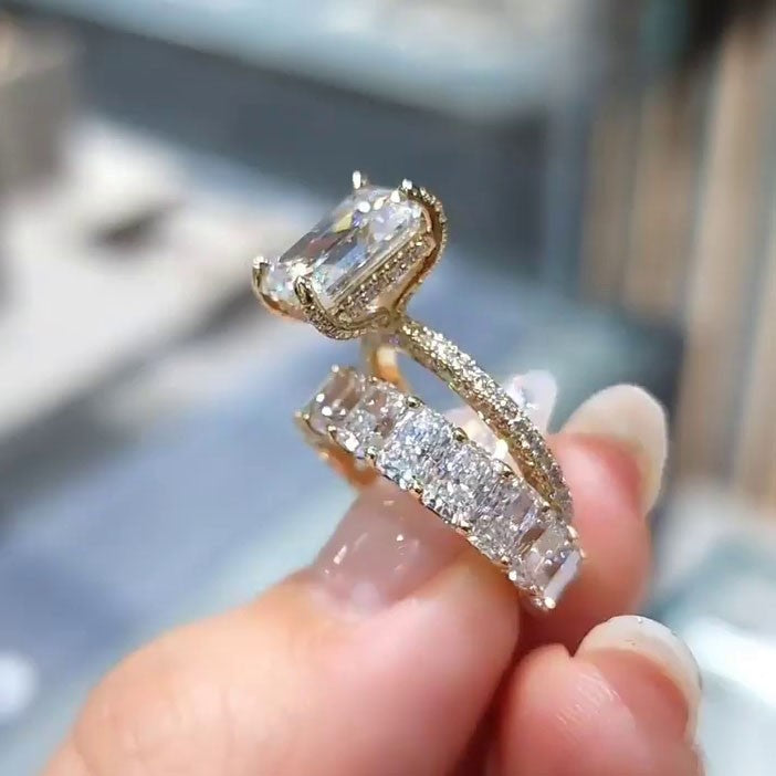 Emerald Cut Gold Tone Classic Bridal Ring Sets in 925 Sterling Silver shineofdiamond