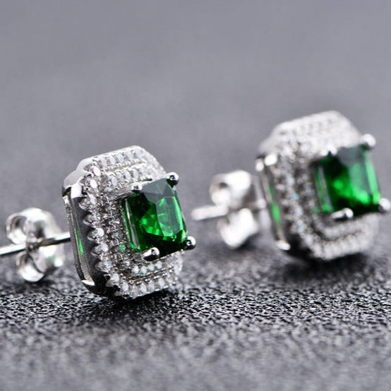 Double Halo Cushion Cut Stud Emerald Green Earrings In Sterling Silver Shineofdiamond