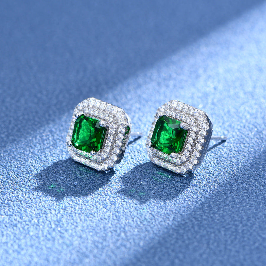 Double Halo Cushion Cut Stud Emerald Green Earrings In Sterling Silver Shineofdiamond