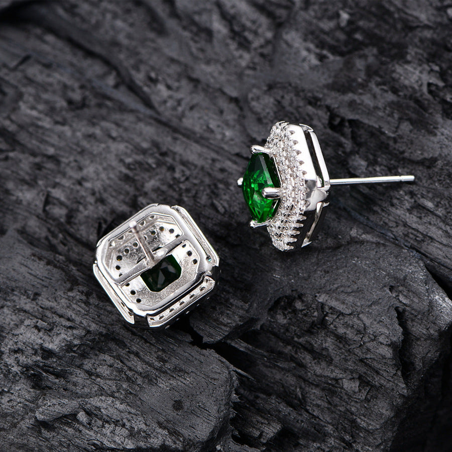 Double Halo Cushion Cut Stud Emerald Green Earrings In Sterling Silver Shineofdiamond