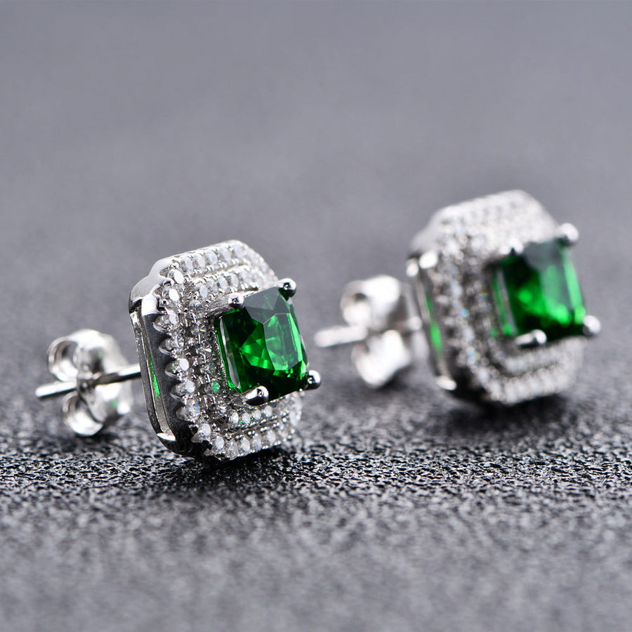 Double Halo Cushion Cut Stud Emerald Green Earrings In Sterling Silver Shineofdiamond