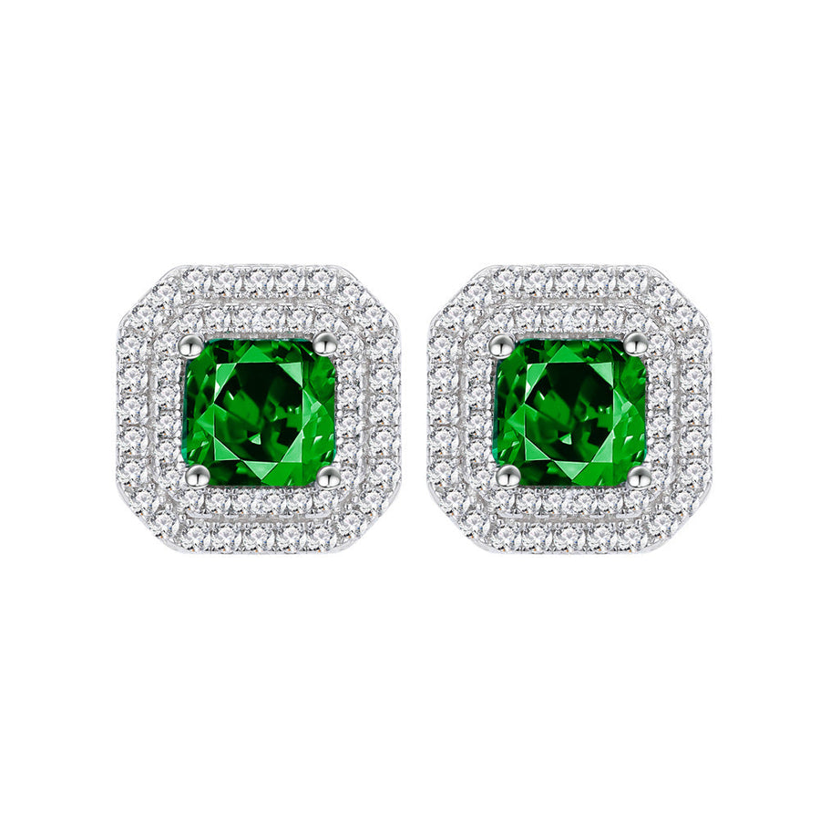 Double Halo Cushion Cut Stud Emerald Green Earrings In Sterling Silver Shineofdiamond
