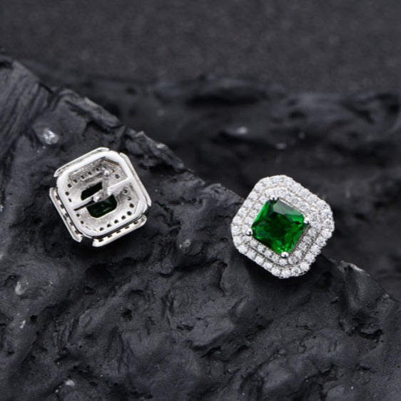 Double Halo Cushion Cut Stud Emerald Green Earrings In Sterling Silver Shineofdiamond
