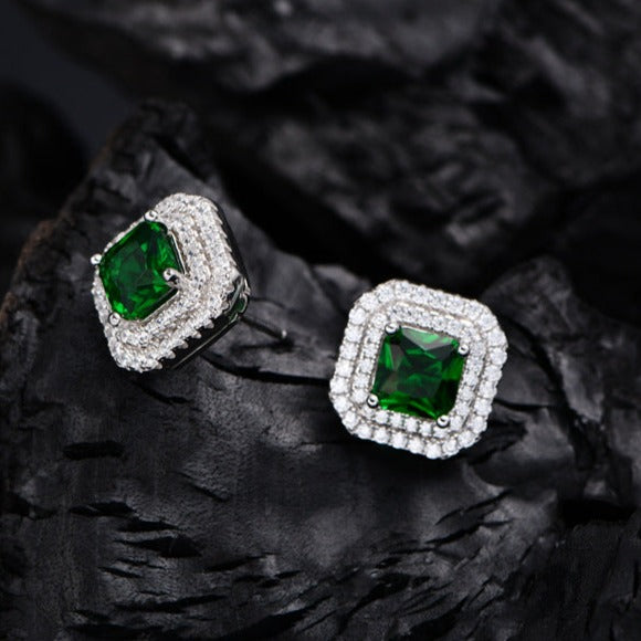 Double Halo Cushion Cut Stud Emerald Green Earrings In Sterling Silver Shineofdiamond