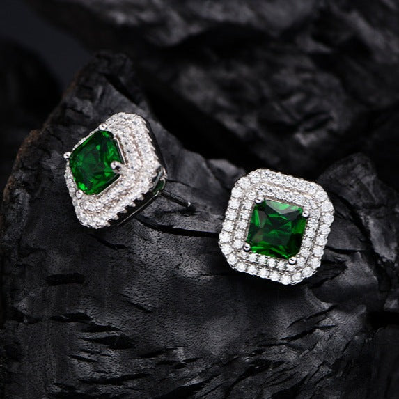 Double Halo Cushion Cut Stud Emerald Green Earrings In Sterling Silver Shineofdiamond