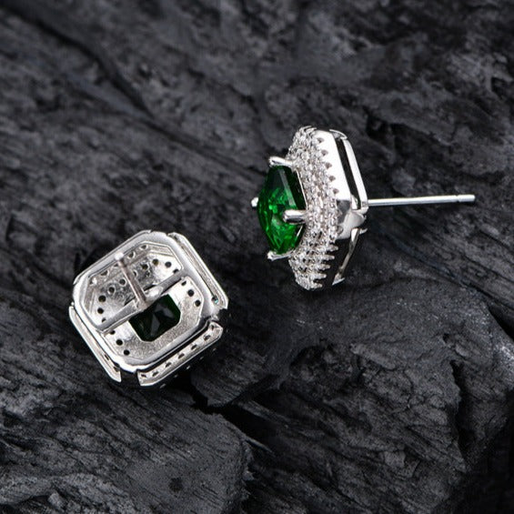 Double Halo Cushion Cut Stud Emerald Green Earrings In Sterling Silver Shineofdiamond