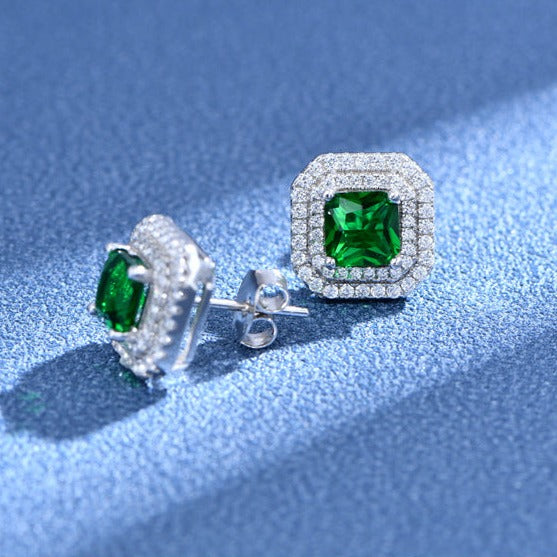 Double Halo Cushion Cut Stud Emerald Green Earrings In Sterling Silver Shineofdiamond