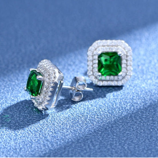 Double Halo Cushion Cut Stud Emerald Green Earrings In Sterling Silver Shineofdiamond