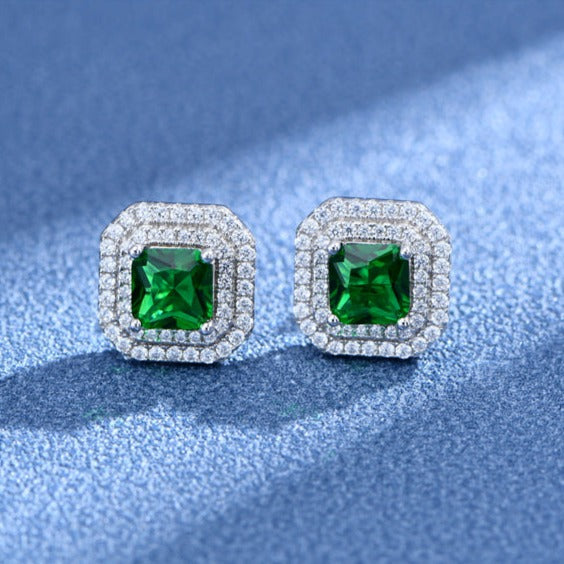 Double Halo Cushion Cut Stud Emerald Green Earrings In Sterling Silver Shineofdiamond