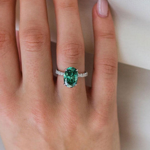 Classic Oval Cut Solitaire Emerald Green Engagement Ring In Sterling Silver Shineofdiamond