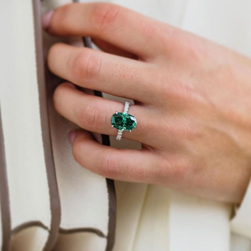 Classic Oval Cut Solitaire Emerald Green Engagement Ring In Sterling Silver Shineofdiamond