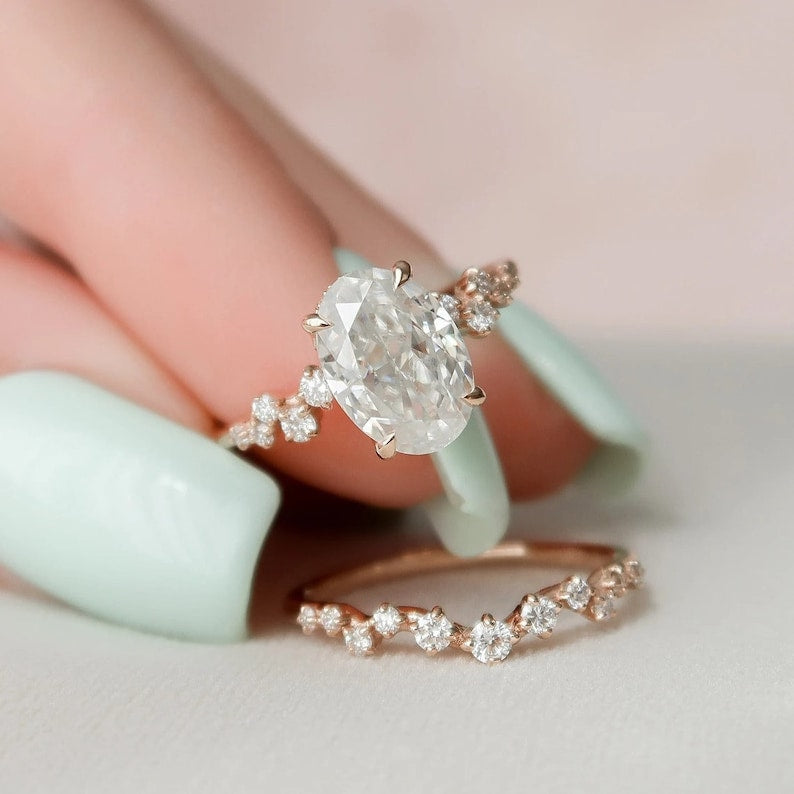 2.0 CT Rose Gold Oval Cut Zig Zag Ring Set  Anniversary Ring Set in Sterling Silver Shineofdiamond