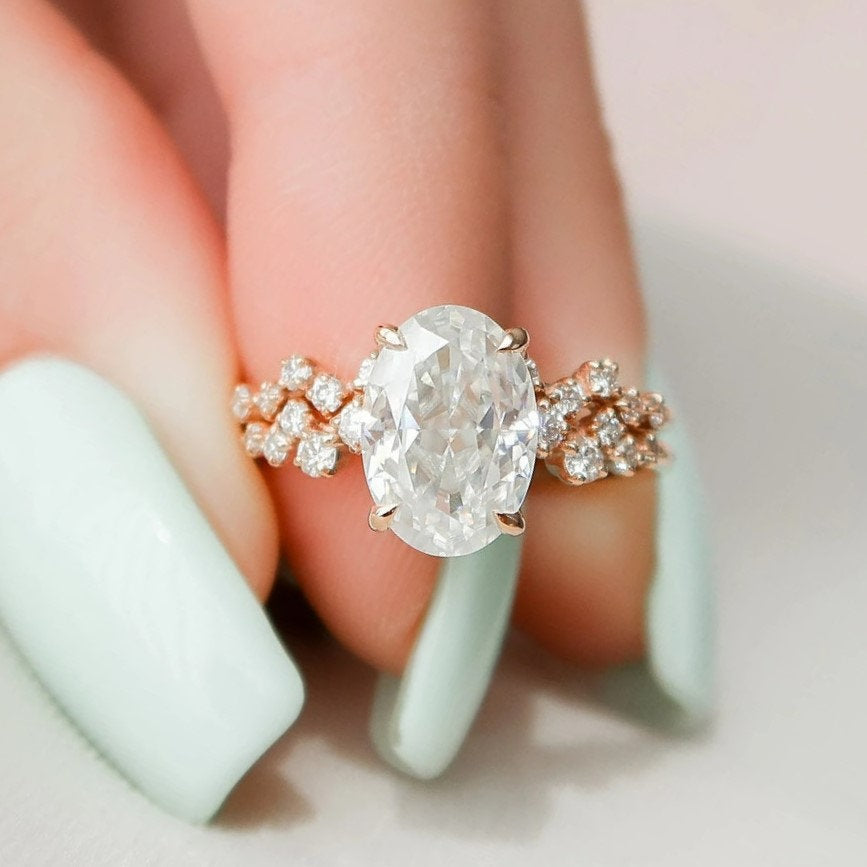 2.0 CT Rose Gold Oval Cut Zig Zag Ring Set  Anniversary Ring Set in Sterling Silver Shineofdiamond