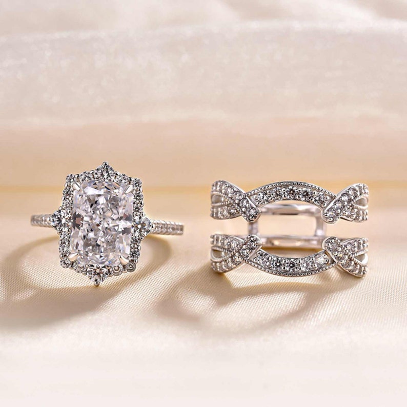 3 CT Halo Radiant Cut Bridal Set Ring Enhancer in Sterling Silver shine of diamond
