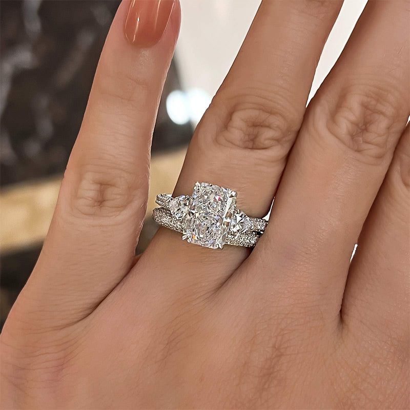 2 pcs Radiant Cut Three Stone Wedding Ring Bridal Set In Sterling Silver Shineofdiamond